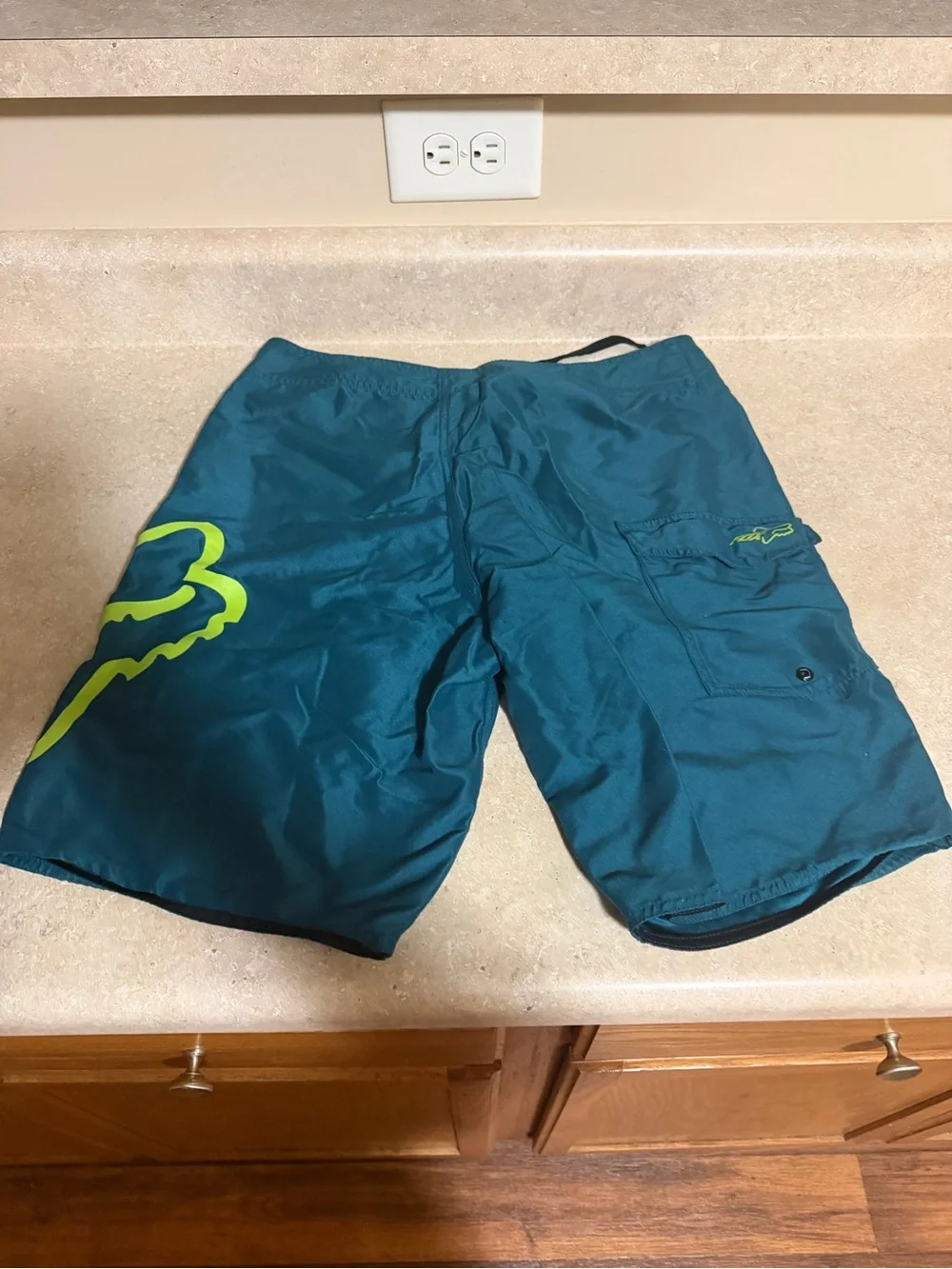 Fox Men’s Teal Swim Trunks with Neon Lime and Gray Logo